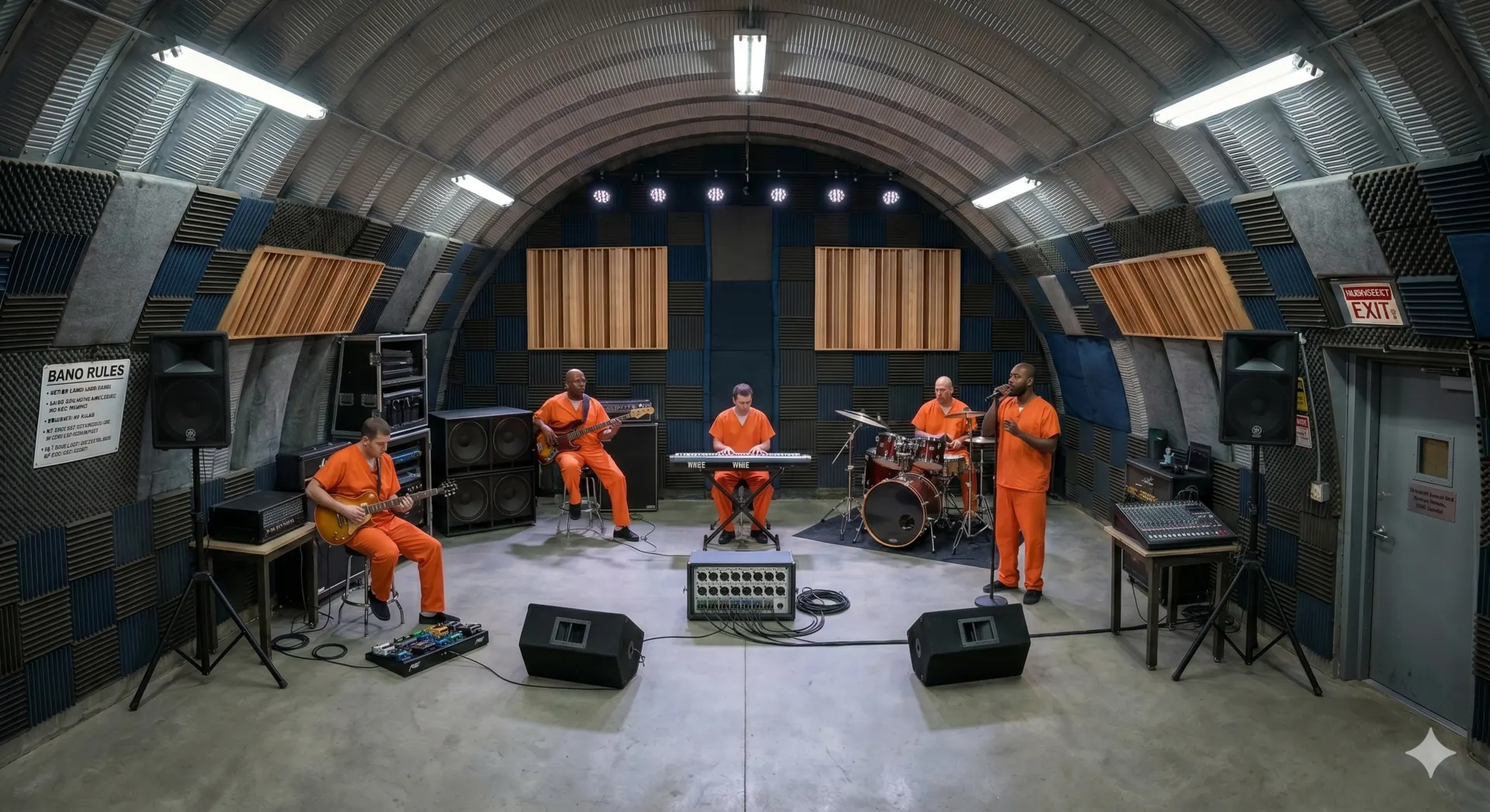 Incarcerated men music band rehearsing in correctional music room