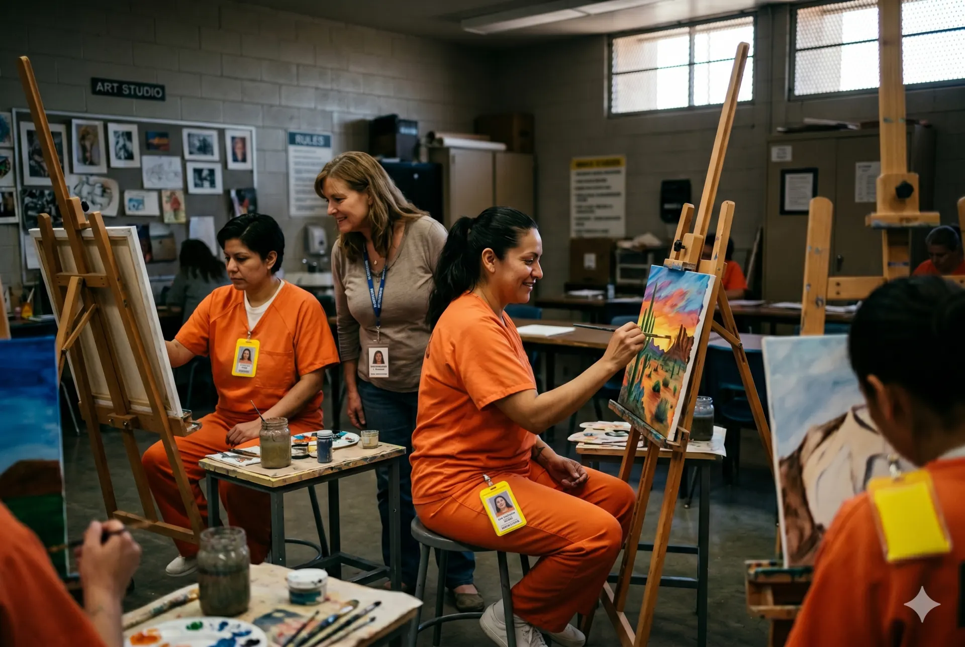 Incarcerated women participating in painting and fine arts class with instructor